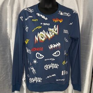 Mebius Grafitti Sweatshirt Streetwear Urban Denim Blue Crewneck Sz XL Men’s  NEW